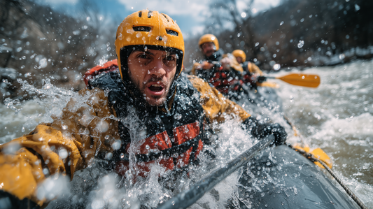 Снимка на приятели каякинг в бурна река