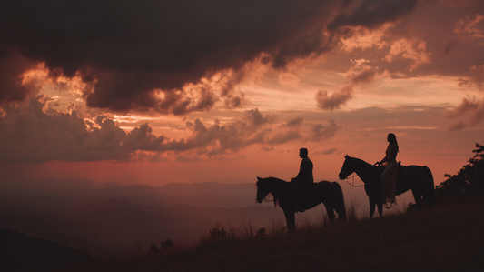 Роматична двойка на коне се наслаждават на красив залез от хълм