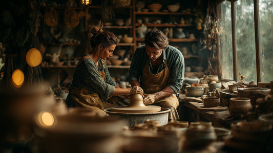 Мъж и жена практикуват грънчарство заедно.