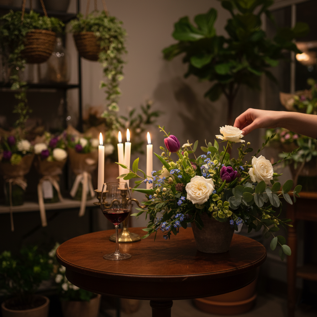 Aristocratic afternoon with flowers and wine. Create your own floral arrangement