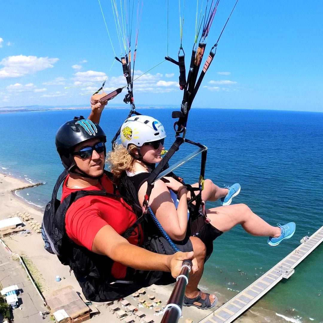 Tandem paragliding over the Black Sea coast. Burgas