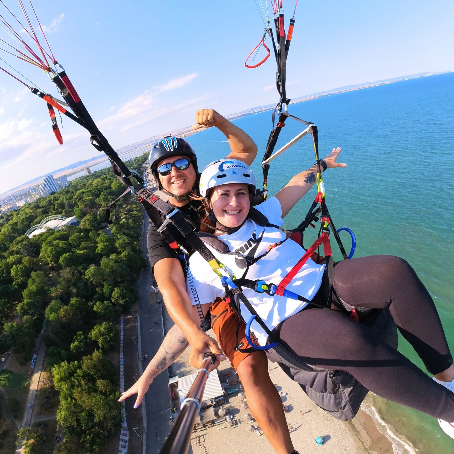 Tandem paragliding over the Black Sea coast. Burgas