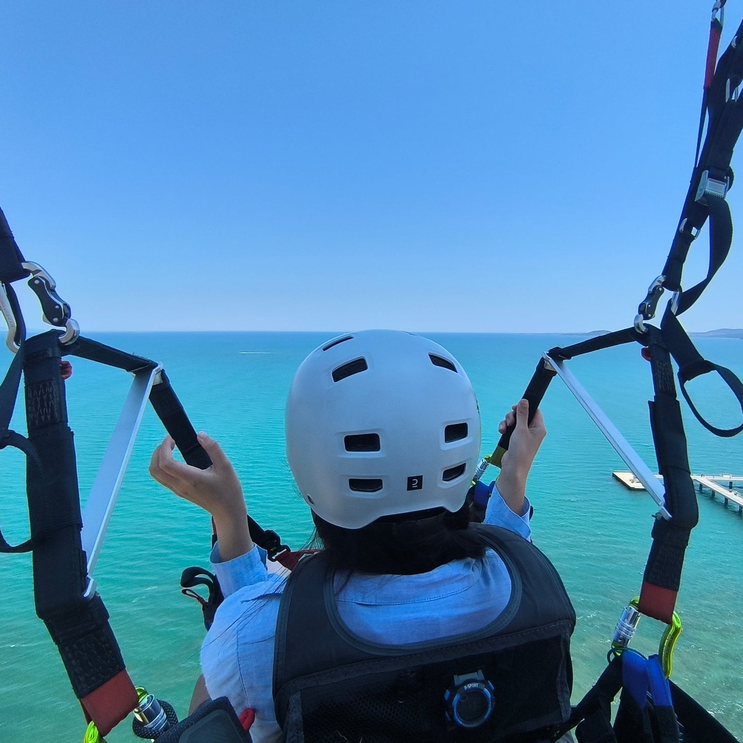 Tandem paragliding over the Black Sea coast. Burgas