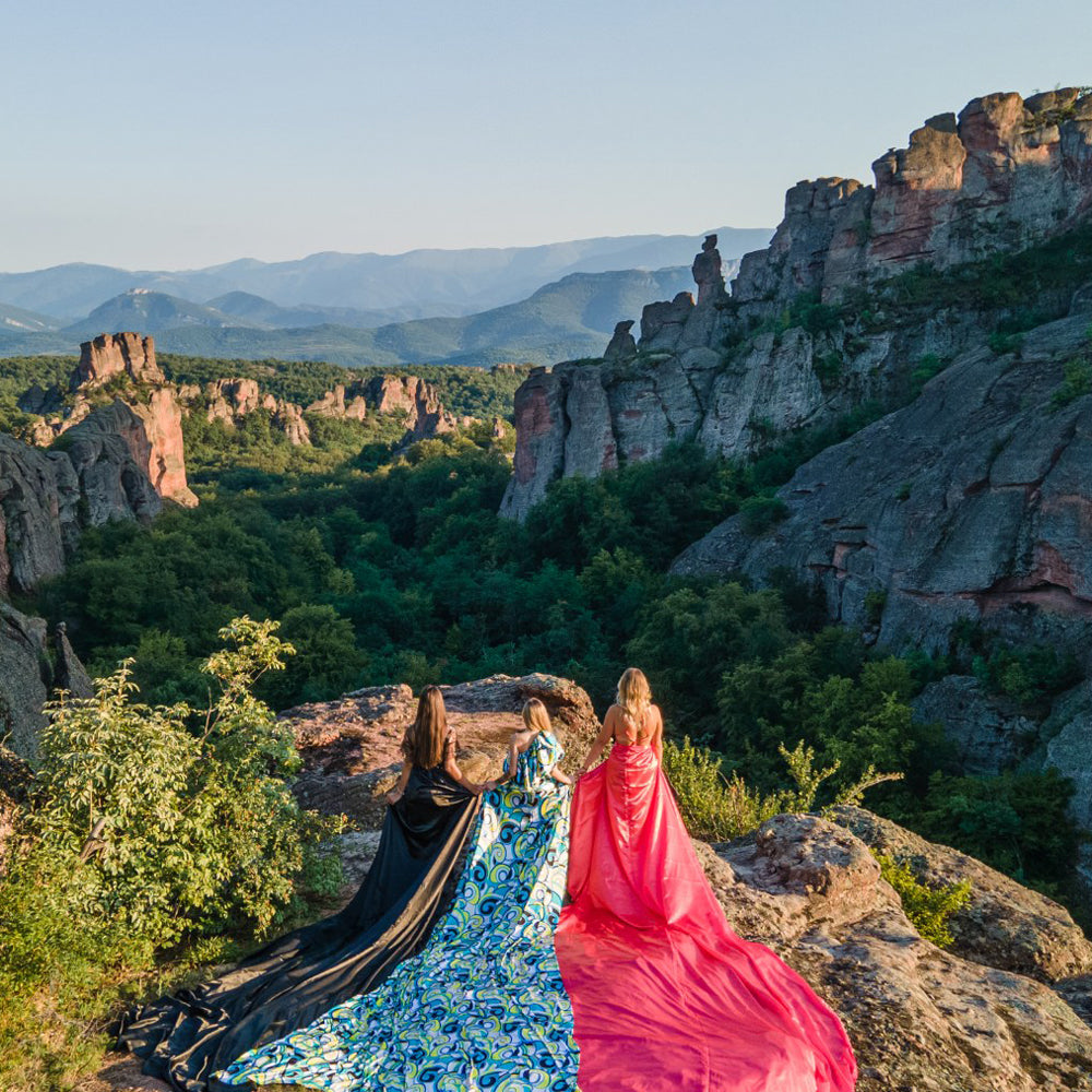 Flying dress photo shoot at the Belogradchik rocks