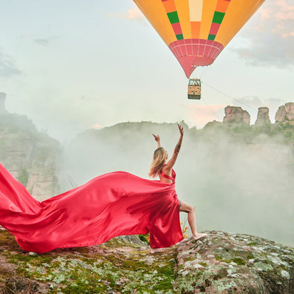 Flying dress photo shoot at the Belogradchik rocks