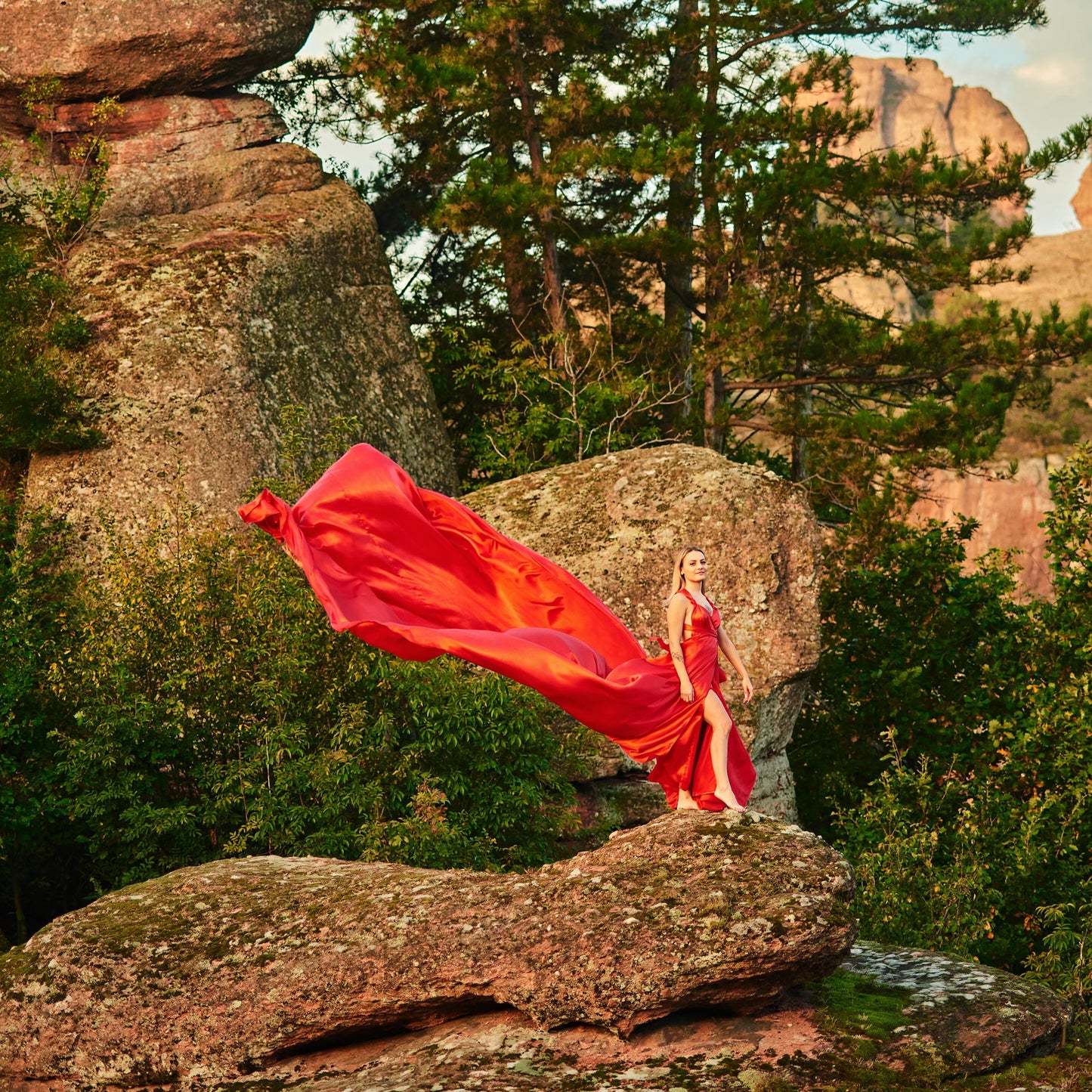 Flying dress photo shoot at the Belogradchik rocks