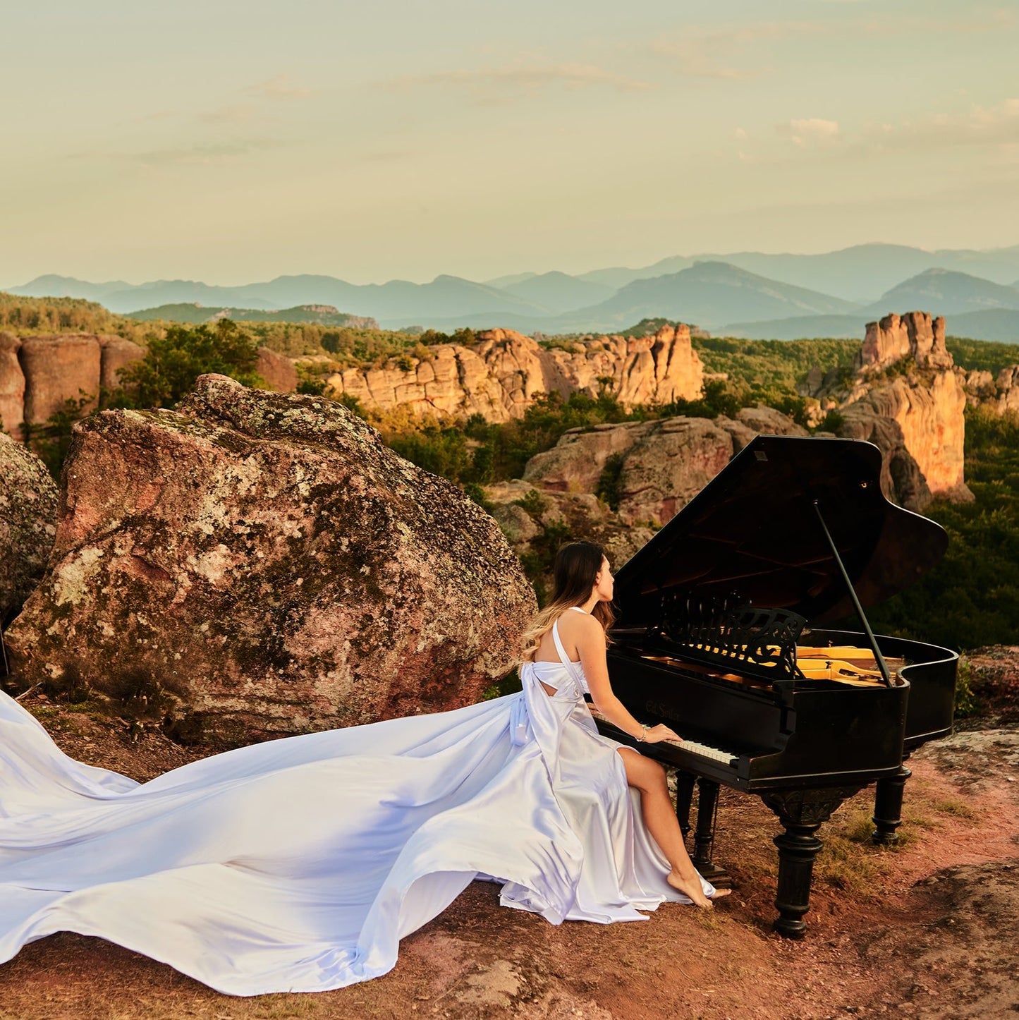 Flying dress photo shoot at the Belogradchik rocks