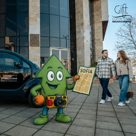 Selfie adventure with a mini electric car and digital audio guide for two