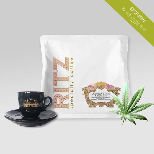 Special decaf coffee with cbd extract and gift 1 espresso cup with saucer